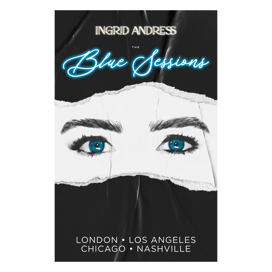 Promotional poster for 'The Blue Sessions' by Ingrid Andress with a close-up of eyes and tour cities listed.