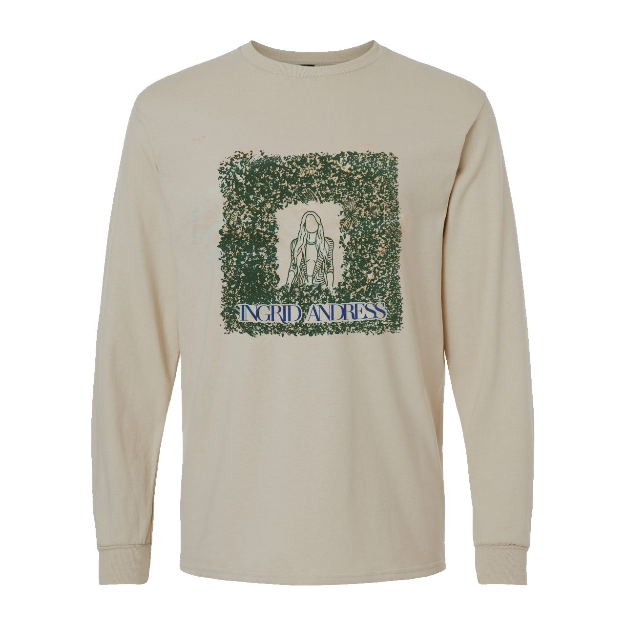 Beige long-sleeve shirt with graphic design and text on a white background