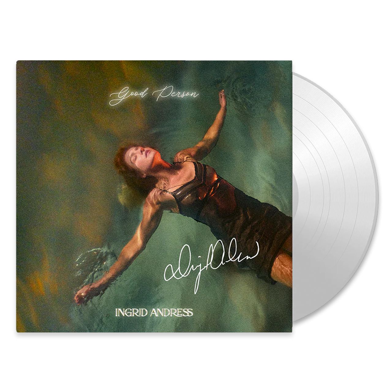 Vinyl record with a cover featuring an artistic depiction of a person underwater, signed 'Ingrid Andress'.