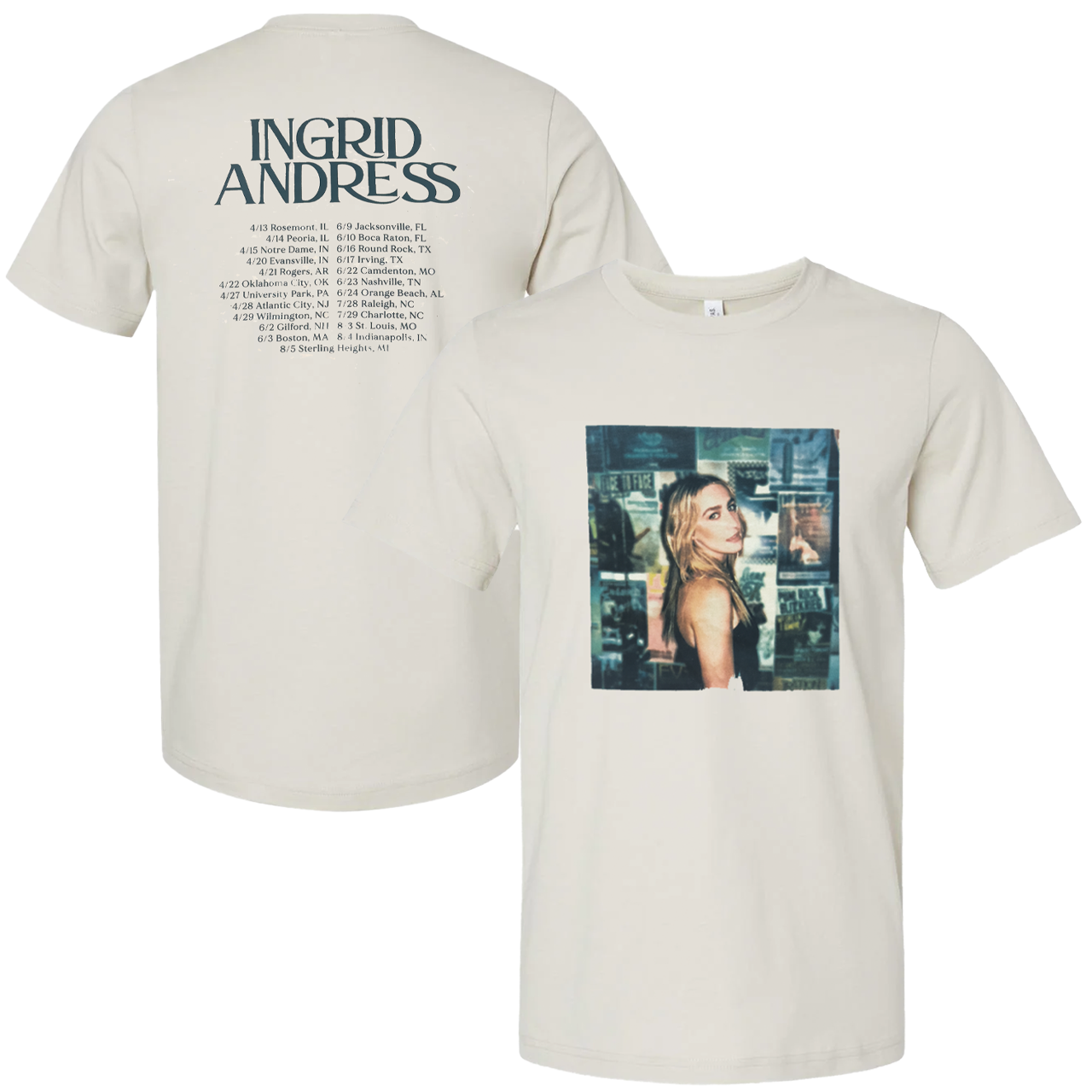 Beige t-shirt with a photo of a woman and 'Ingrid Andress' text on a white background