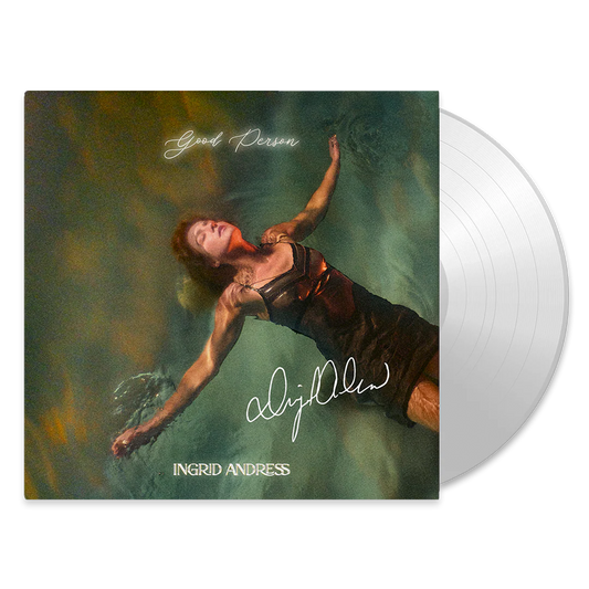 Vinyl record with a cover featuring an artistic depiction of a person underwater, signed 'Ingrid Andress'.